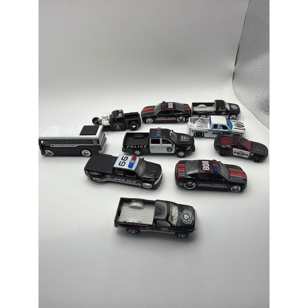 Lot of 10 Police Diecast Vehicles Sheriff Bomb Squad DEA Ram Law Hot Rod Bus